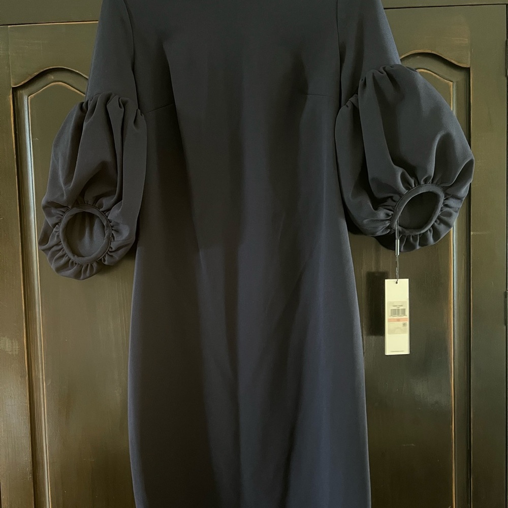 NEW Elegant Navy Sheath Dress with Ruched Bishop Sleeves